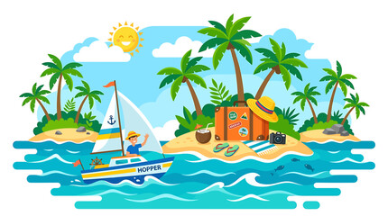 Obraz premium Tropical island scene with a sailboat approaching a hut under sunny skies and palm trees.