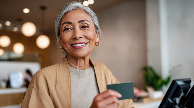 Senior Woman Paying With Credit Card At Store Checkout. Retail And Payment Concept
