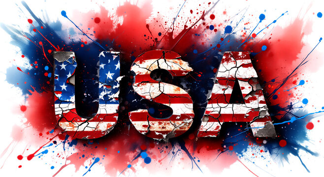 Creative cracked usa text with american flag design and colorful paint splatter effect