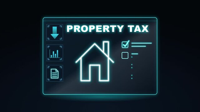 Animation of a digital interface displaying a property tax form with a house icon and checklist being completed, Concept of real estate taxation and financial technology