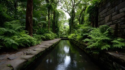 Fototapeta premium A narrow stone path winds through dense lush jungle foliage creating a mysterious and atmospheric corridor
