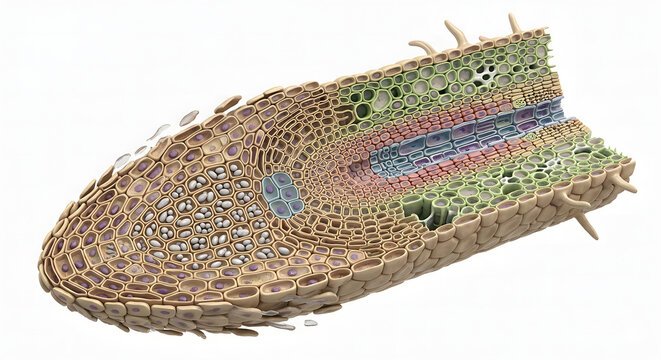 Detailed 3D Cross-Section Anatomy of Plant Root Cap and Apical Meristem Cells