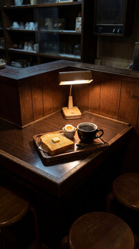 Classic toast and coffee set in a midnight Japanese retro cafe