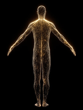 Glowing golden digital silhouette of a human body with glowing nerve connections and dots. Concept of nervous system anatomy, artificial intelligence, energy biofield and science