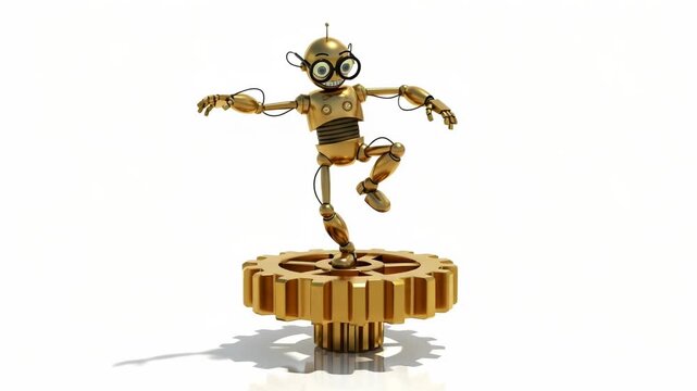 Gold robot with glasses balancing on a gear isolated on white background