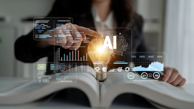 Innovative Concepts with Artificial Intelligence Lightbulb on Open Book with Data Analytics and Digital Graphs Representing Future Technology Ideas Fluxor.