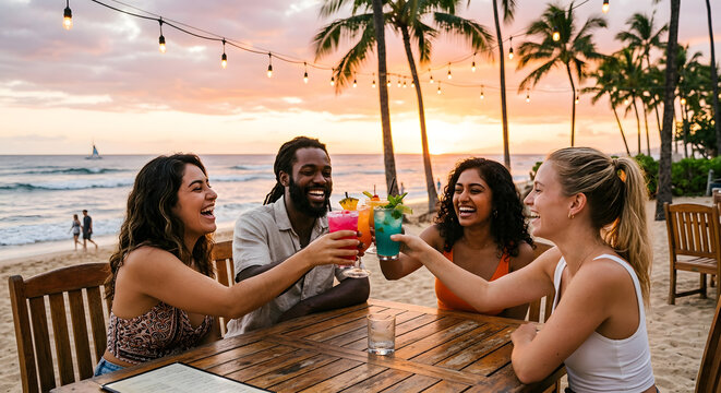 Diverse group of friends toast with colorful cocktails at a beachside table during a vibrant tropical sunset