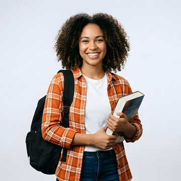 Smiling young female student with backpack holding a textbook in studio portrait