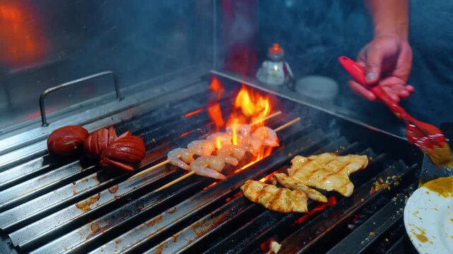 Shrimp Skewer Chicken Grilling Open Flame Street BBQ. Shrimp skewer and chicken pieces grilling over open orange flame on metal grill, smoke, Isabela Island Galapagos street food