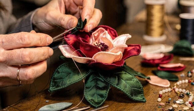Artisan delicately shapes silk petals to craft vibrant millinery flowers highlighting intricate handstitching techniques for unique hat decorations.