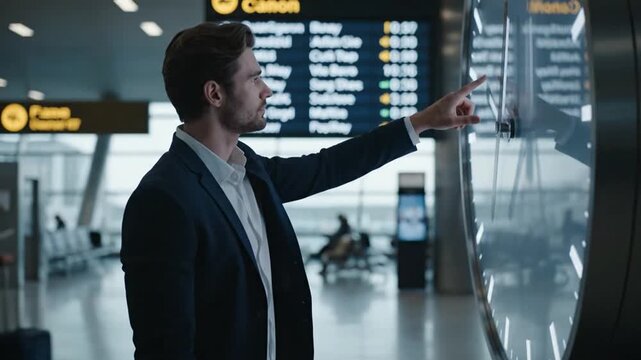 Young Man Moving and Contemplating World Clock in Airport.