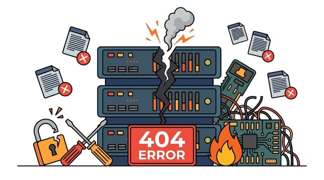Flat illustration of a damaged server rack with fire, smoke, 404 error sign and broken files representing cyber attack
