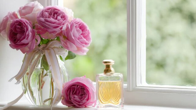 Pink roses bouquet and perfume bottle on windowsill, romantic floral arrangement still life