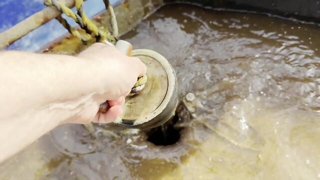 seafarer open scupper on ship deck and put dirty water to the sea.