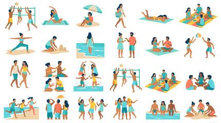 Fototapeta premium A vibrant collection of diverse people enjoying various summer activities and leisure pursuits on a sunny day at the beach and park.