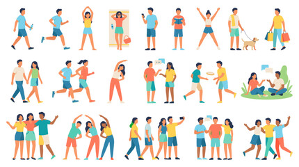 Fototapeta premium A vibrant collection of diverse people engaging in various outdoor activities and social interactions, showcasing a healthy and active lifestyle.