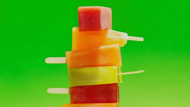 Colorful fruit ice pops stacked on green background, summer treat concept, studio shot