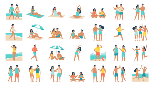 A vibrant collection of diverse people enjoying various leisure activities on a sunny beach, showcasing relaxation and recreation.