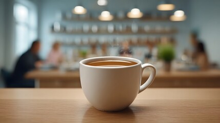 Fototapeta premium A close up shot of a white ceramic mug rests on a table in a softly lit indoor setting with blurred people in the background