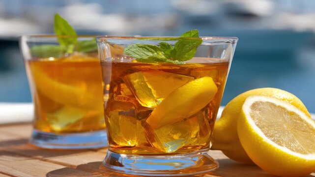 Refreshing iced tea with lemon and mint, perfect summer beverage for poolside relaxation