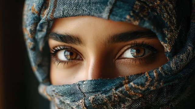 Close-up portrait of a beautiful woman wearing a headscarf with mysterious, expressive eyes