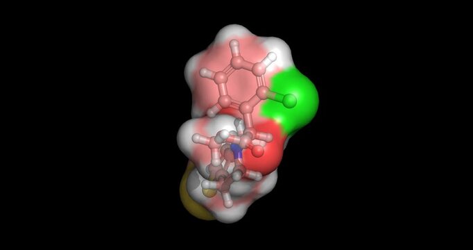 Clopidogrel, cardiovascular drug/P2Y12 adenosine diphosphate receptor antagonist and antiplatelet blood thinner, 3D molecule spinning, 4K