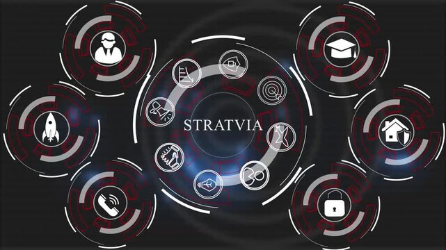 Advanced digital business strategy interface featuring interactive hud with corporate and animated data visualization for enterprise management and global marketing