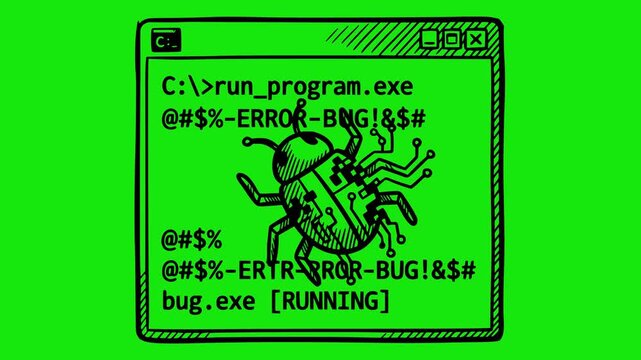 hand drawn virus bug animation inside a cmd terminal window with system errors Looped animation with solid black fill style on green screen chroma key background for video editing