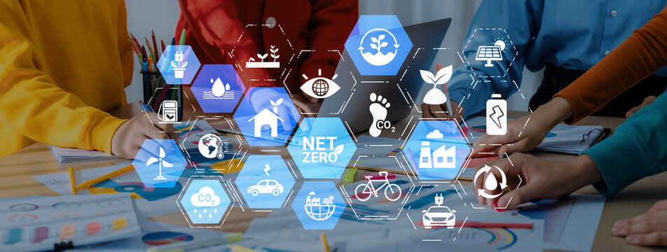 Net zero and sustainability concepts with environmental balance, digital sustainability icons, green energy goals, and eco-conscious digital business transformation for the future. Entice