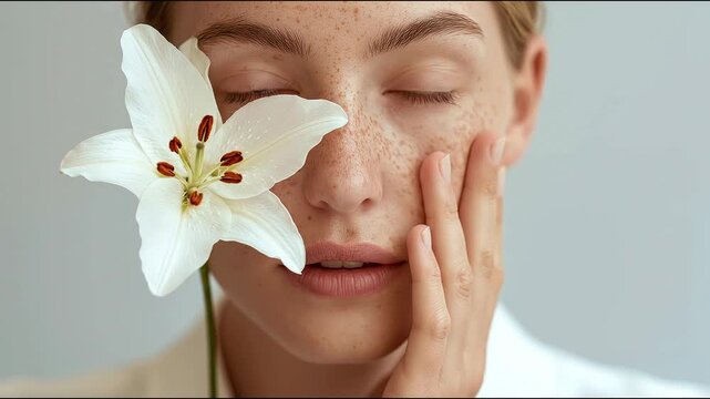 Young woman with freckles gently touches her face while holding a white lily flower close to her cheek, showcasing a serene expression in a minimalistic indoor setting