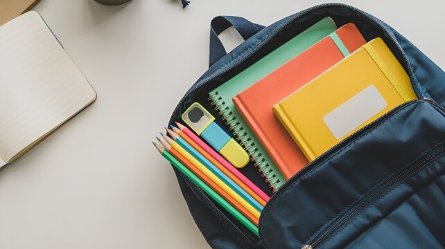 Backpack filled with school supplies, ready for a new semester.