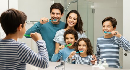 Obraz premium Happy family brushing teeth together in the bathroom during morning routine
