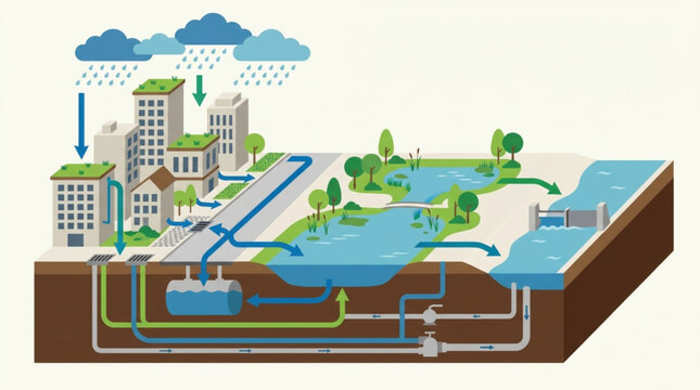 Diagram illustrating urban water management, showing rainfall runoff, green roofs, underground pipes, and a dammed river with flowing water in a stylized, eco-friendly city environment