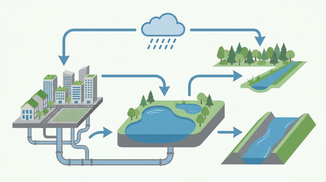 Illustration depicting the water cycle's journey from clouds and rain to urban areas, lakes, and rivers, showing groundwater and runoff processes