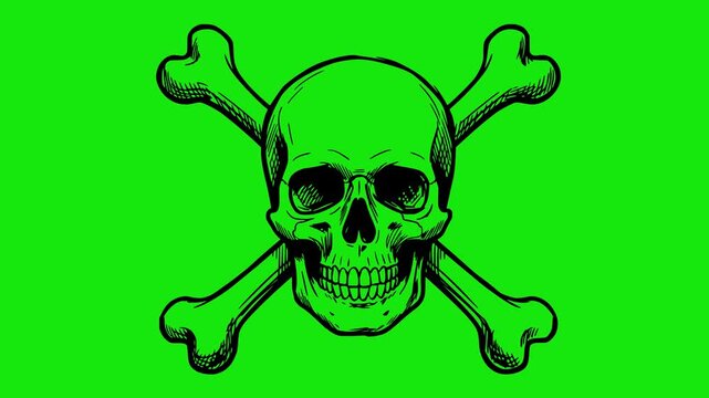 hand drawn style skull with crossbones animation featuring flashing white light lines effects over professional green screen chroma key background for video editing production software element