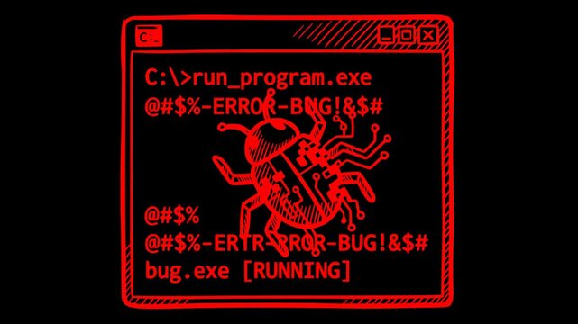 2d animation loop of a terminal window error screen with a digital computer bug insect icon and running program glitch text over a transparent background with alpha channel