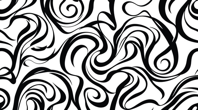 Abstract seamless pattern with flowing black curvy lines and swirls on a white background