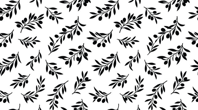 Seamless pattern with black olive branches and fruits on a white background, botanical for fabric, wallpaper, wrapping paper, and kitchen textile surface decoration
