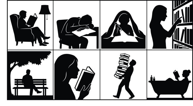 Set of eight black and white silhouette depicting people engaged in various reading activities in different settings and poses