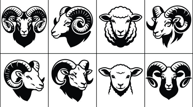 Collection of eight black and white stylized sheep and ram head arranged in a grid, farm animal set