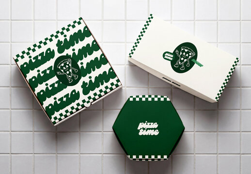 Pizza Box Packaging Mockup Set on Tile Surface