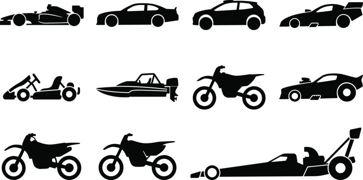 Collection of black silhouette featuring various vehicles including race cars, motorcycles, a motorboat, and a dragster on a white background, for projects