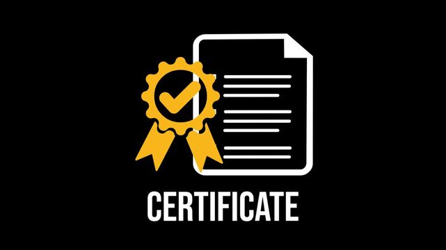 Animated certificate icon with gold ribbon embellishments. White document symbol next to the emblem. Bold lettering spells out "CERTIFICATE". Ideal for digital or print promotional use.