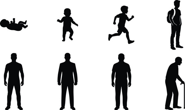 Set of black silhouettes showing human life stages from infancy to old age, including a baby, toddler, child running, student, businessman, man, and an elderly person with a cane