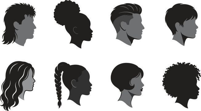Set of eight diverse human head silhouettes in profile view, showcasing a variety of hairstyles including mullets, afro puffs, undercuts, pixie cuts, long wavy hair, braided