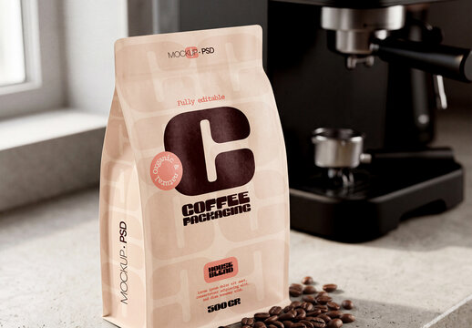 Coffee Bag Packaging Mockup with Coffee Beans
