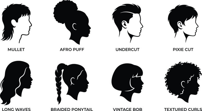 Educational chart of eight black silhouettes showing different hairstyles with labels, including mullet, afro puff, undercut, pixie cut, long waves, braided ponytail, vintage bob