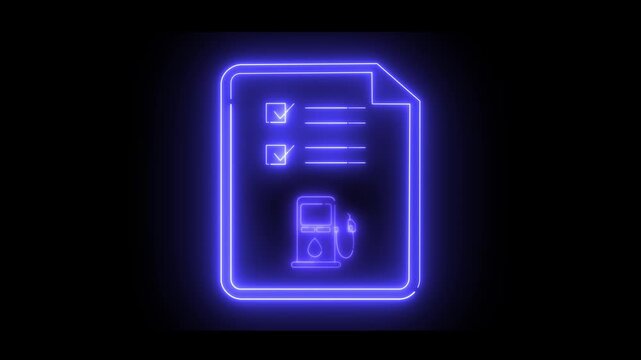 Animated document icon with a neon light effect featuring a fuel pump and checkmarks. The illuminated design suggests energy, compliance, or follow-up. Ideal for business and finance.