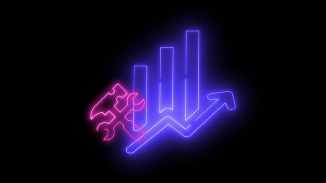 Neon light effect animation of a wrench and hammer icon, indicating repair or replacement. Blue bars rise, forming an upward graphic line.