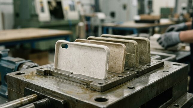 Closeup medium shot showing the detailed texture of naturalcolored phone housings being formed from ecofriendly biobased materials.